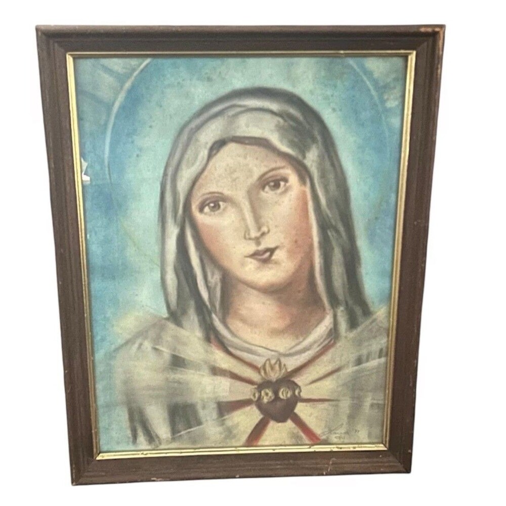 Vintage 1977 Sacred Heart of Mary Pastel Art Framed Catholic Devotional 14”x18”